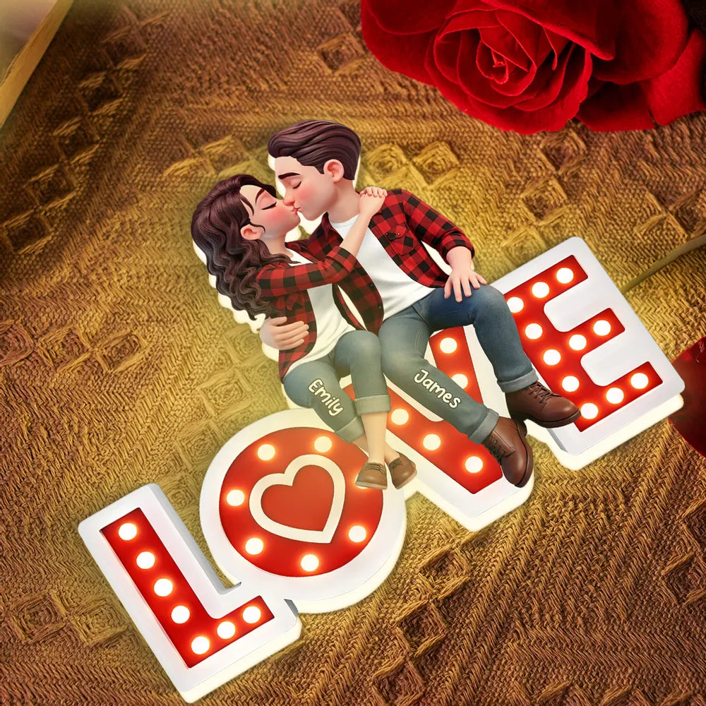 Personalized Acrylic Light Box Kissing Couple on LOVE Sign, Cozy Warm Glow Bedroom Decor, Unique Gift for Him or Her