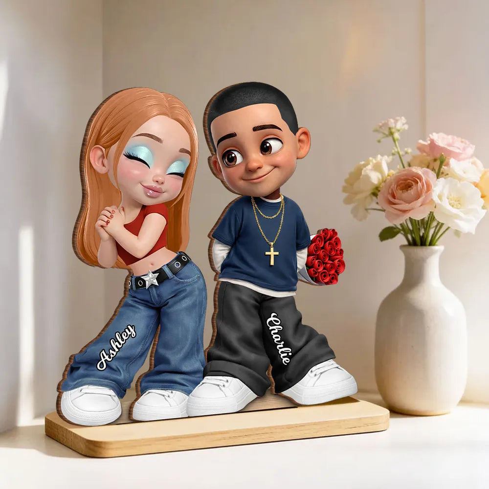 Personalized 2-Layer Wooden Plaque Y2K Style Couple Holding Roses, Unique Gift for Him or Her, Sweet Romantic Desk Decor