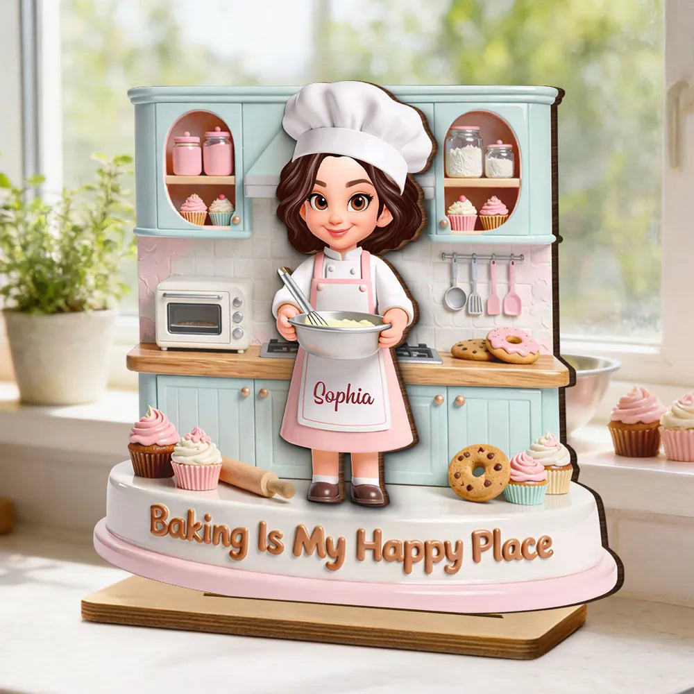 Personalized 2-Layer Wooden Plaque, Baking Is My Happy Place Cute Chef in Pastel Kitchen, Unique Gift for Mom or Grandma