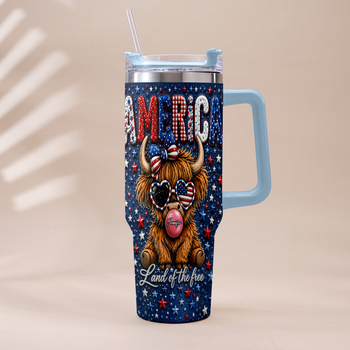 Land Of The Free - Personalized Highland Cow Tumbler With Plush Charm