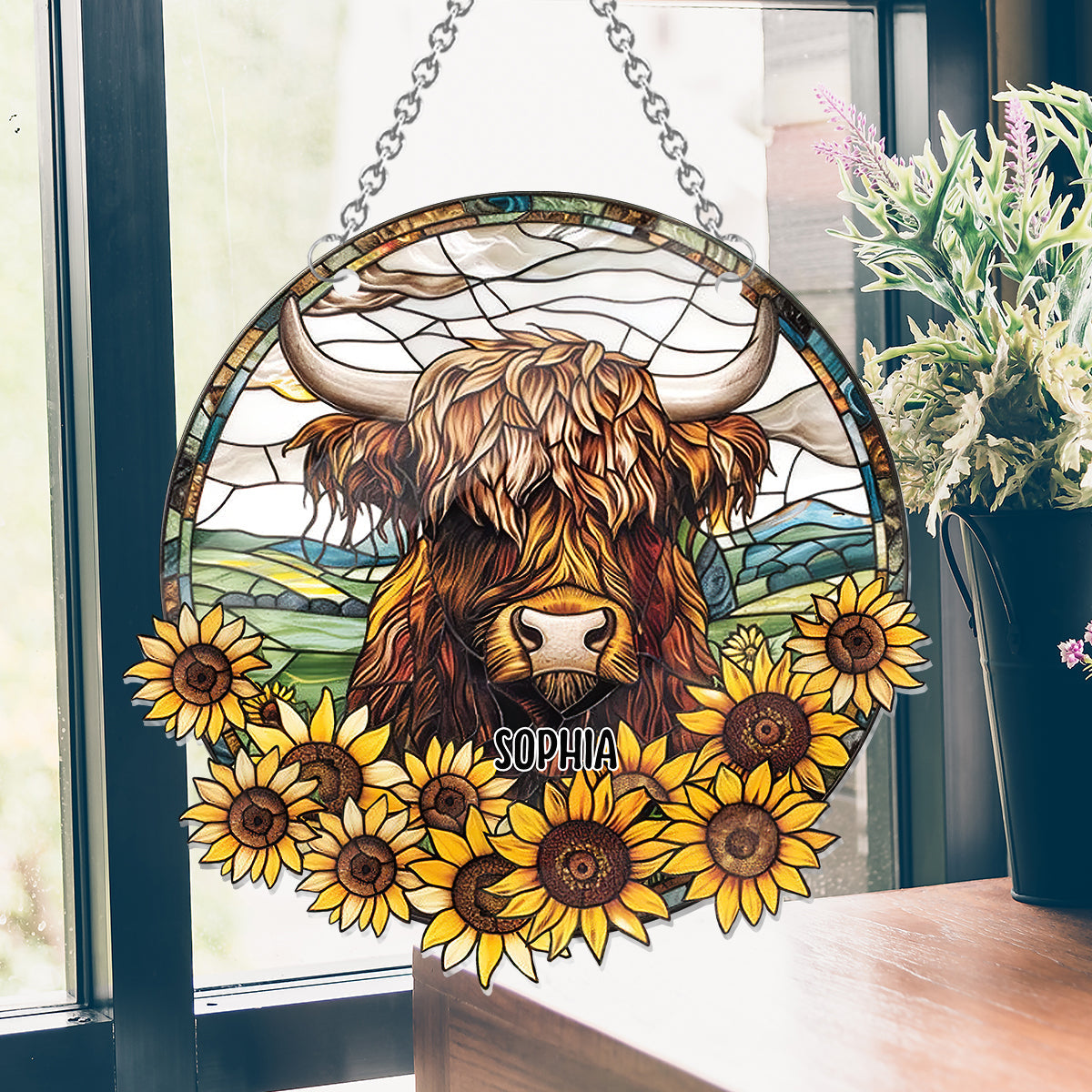 Baby Cow Sunflower - Personalized Window Hanging Suncatcher Ornament