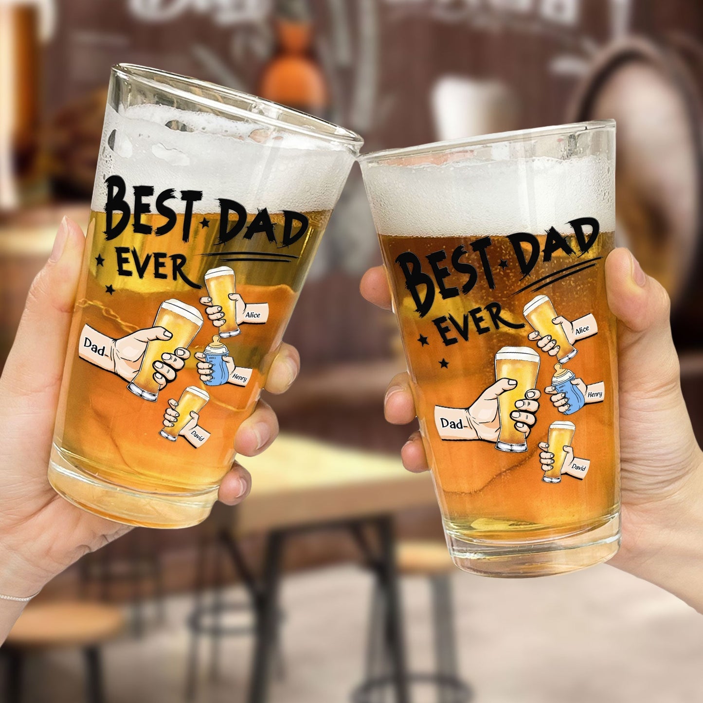 “Best Dad Ever” Personalized Beer Glass – Custom Cheers Design with Kid Names