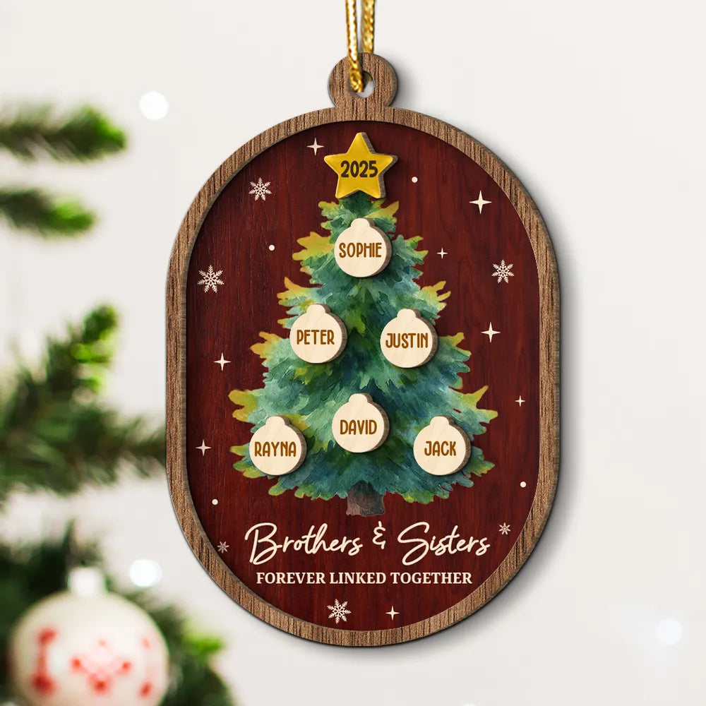 Personalized 2-Layer Wooden Ornament for Siblings Christmas Tree Decor, Custom Family Names Keepsake Gift