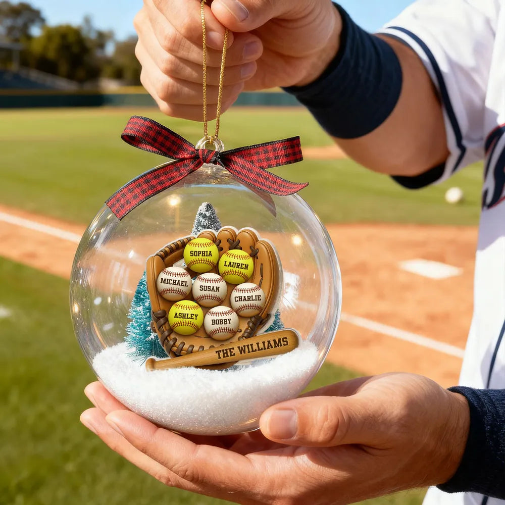 Snow Globe Ornament with Baseball Glove & Softball, Custom Family Keepsake for the Tree, Unique Holiday Gift for Sports Fans