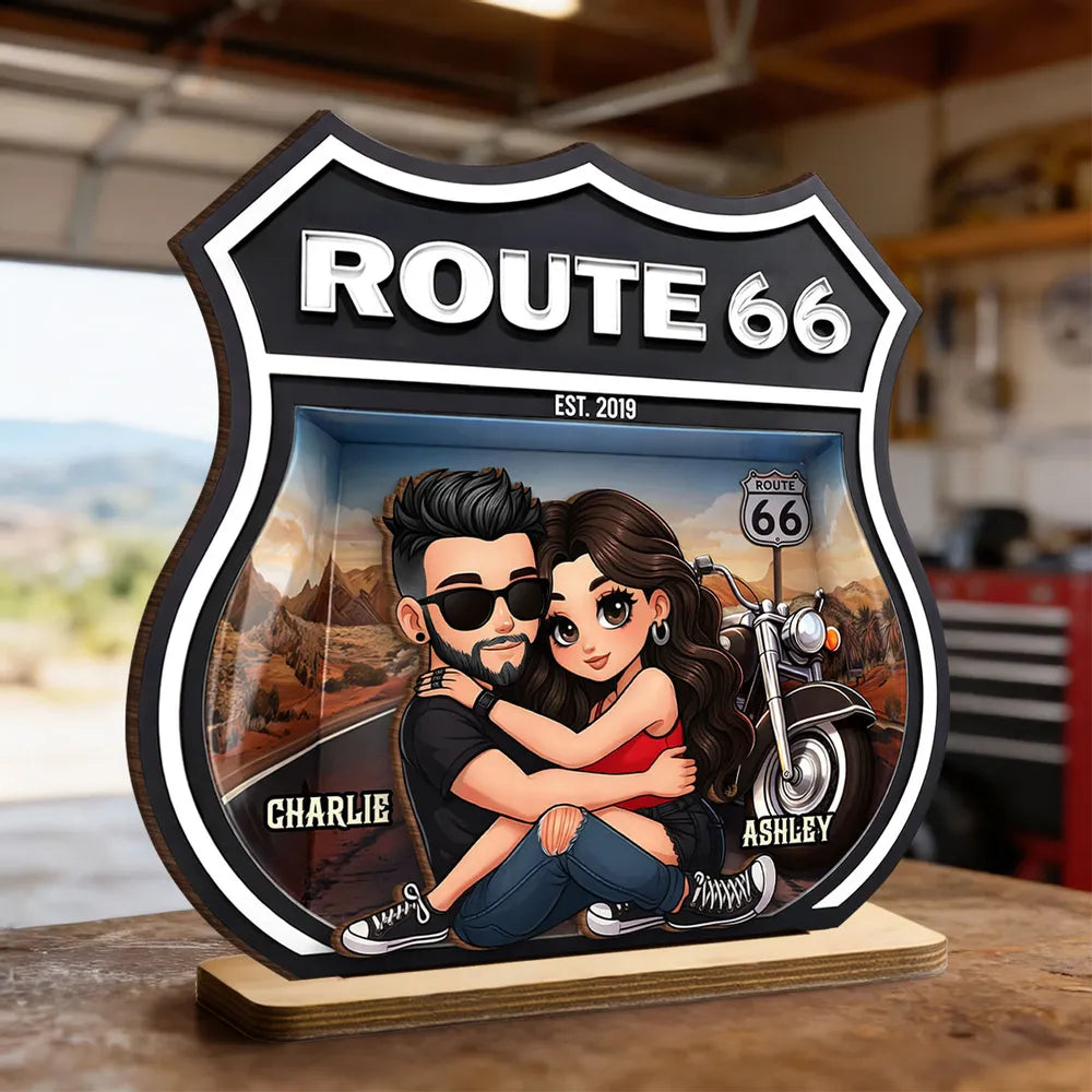 Personalized Route 66 Biker Couple 2-Layer Wooden Plaque for Motorcycle Lovers, Unique Romantic Gift for Couple