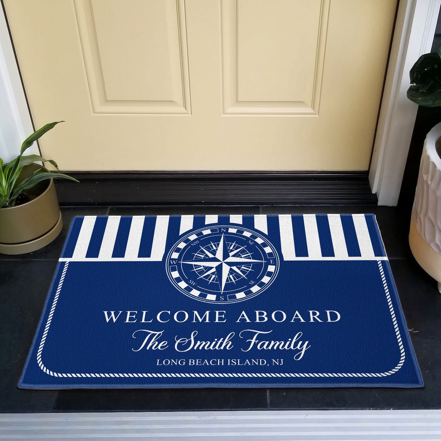 Nautical Welcome Aboard Standard Doormat, Personalized Entryway Decor with Classic Navy Stripes, Unique Gift Idea