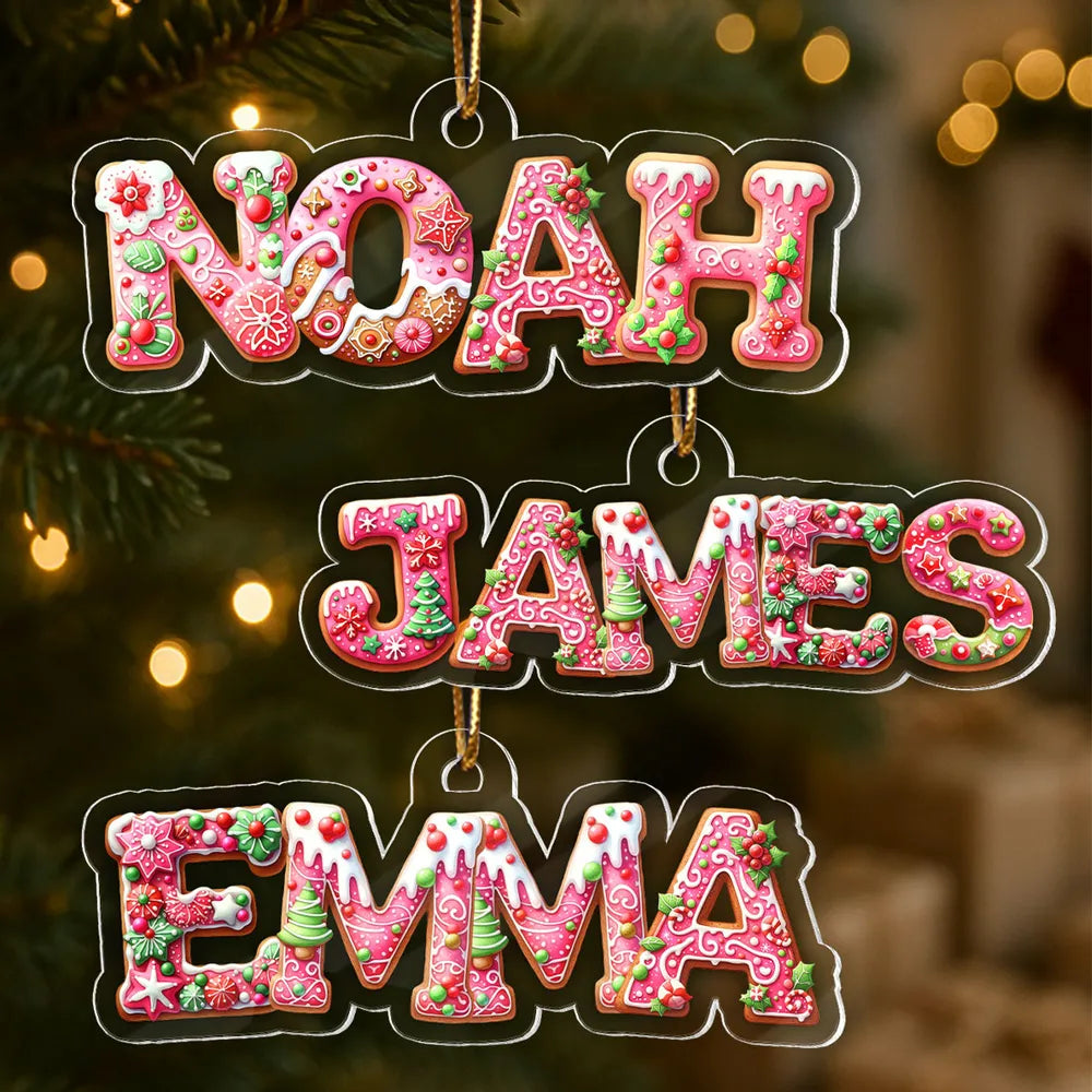 Custom Name Acrylic Ornament with Pink Gingerbread Letters – Festive Christmas Ornament & Creative Kids Gift