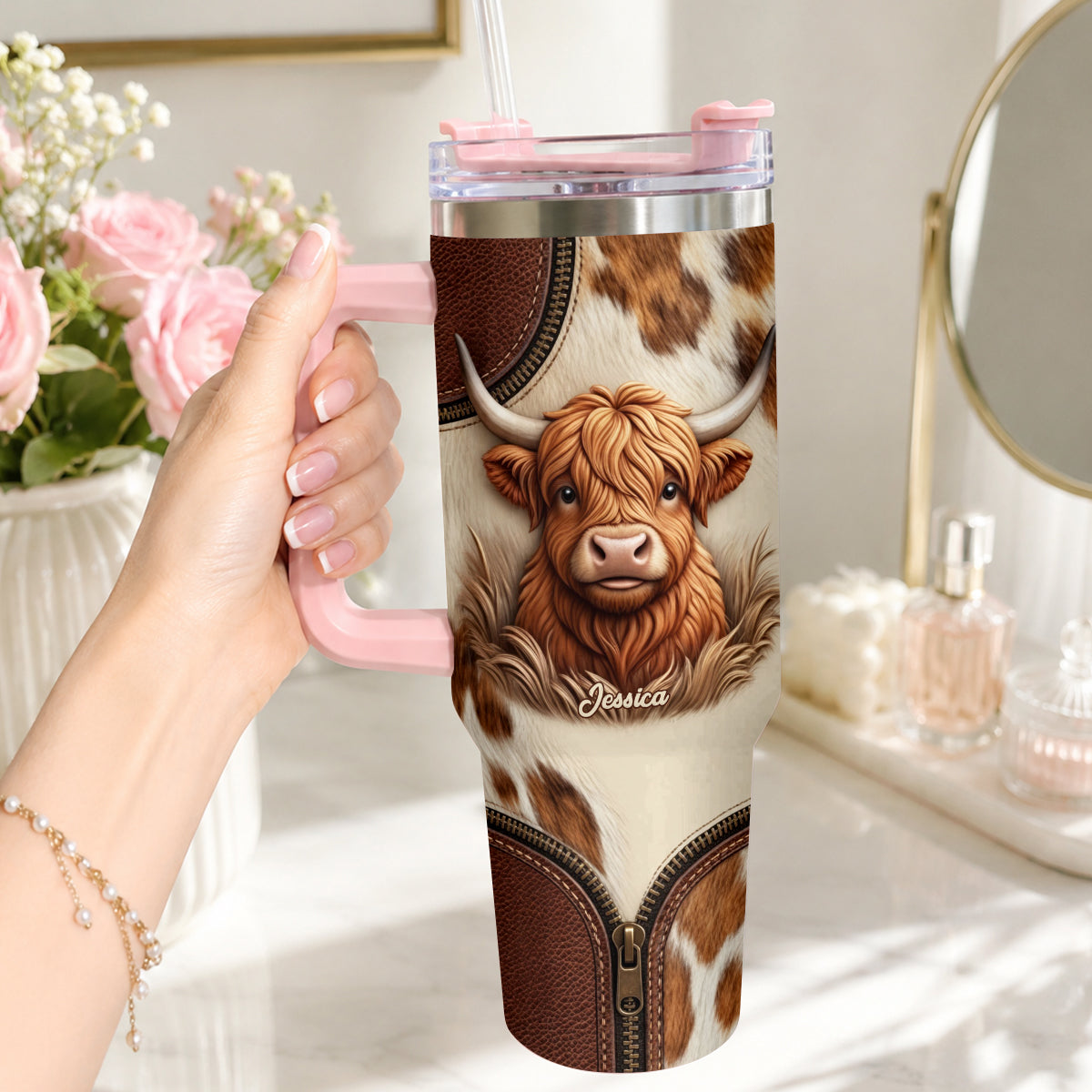 Cute Highland Cow - Personalized Highland Cow Tumbler With Plush Charm
