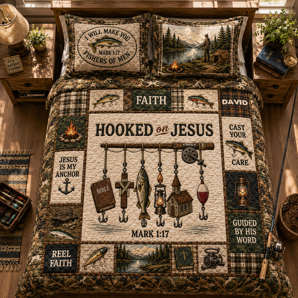 Fishing Lovers Gift, Hooked On Jesus - Personalized Fishing Quilt Set