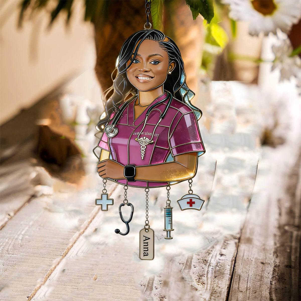 Gift For Nurse - Custom Any Photo - Personalized Nurse Window Hanging Suncatcher With Charms