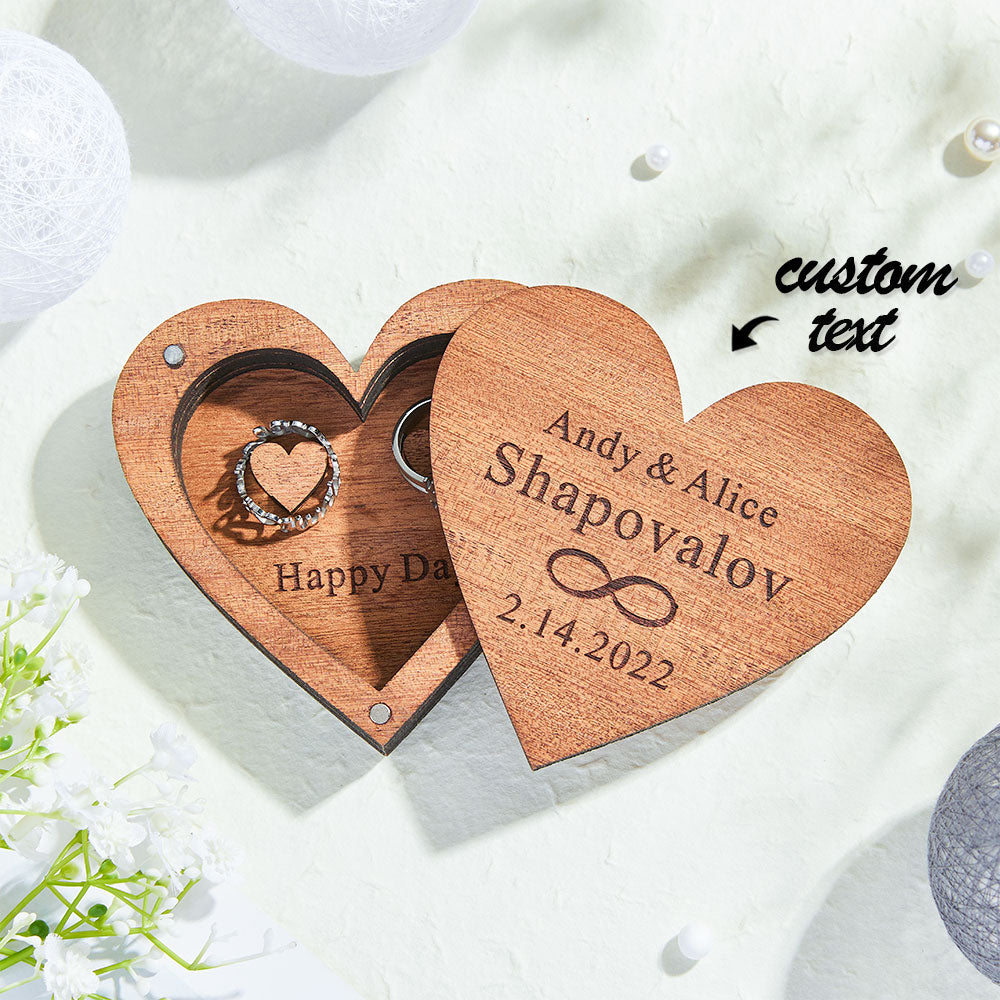 Custom Engraved Text - Personalized Engraved Heart-Shaped Wooden Double Rings Box