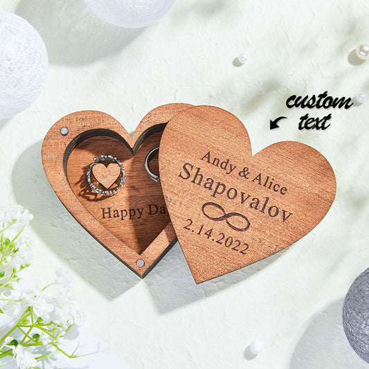Custom Engraved Text - Personalized Engraved Heart-Shaped Wooden Double Rings Box