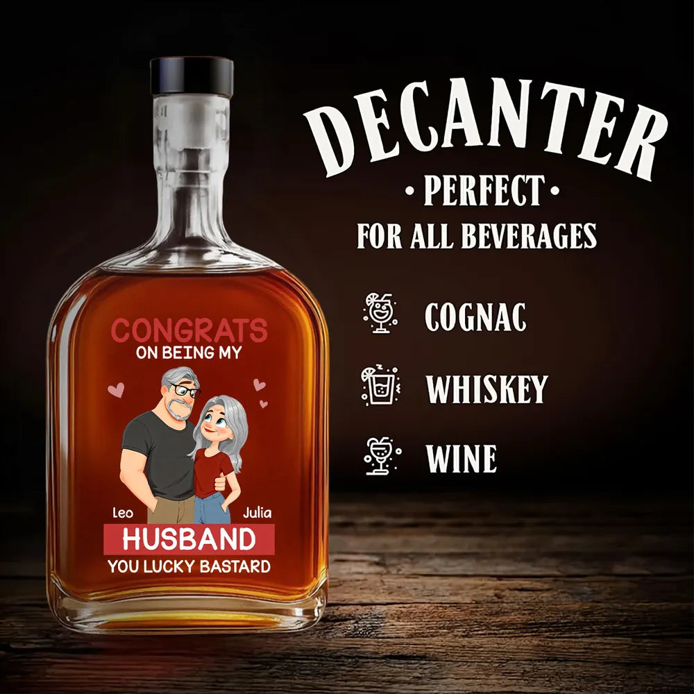 Personalized Glass Spirits Decanter with Funny Couple Illustration for Husband, Unique Home Bar Gift With a Luxury Touch