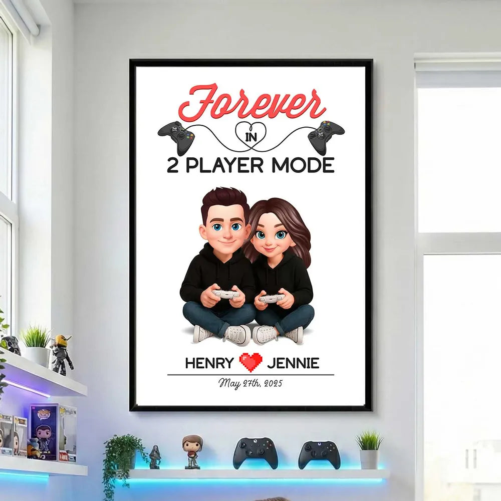 Personalized Gaming Couple Poster Forever In 2 Player Mode Sitting With Controllers Unique Gift For Him & Her