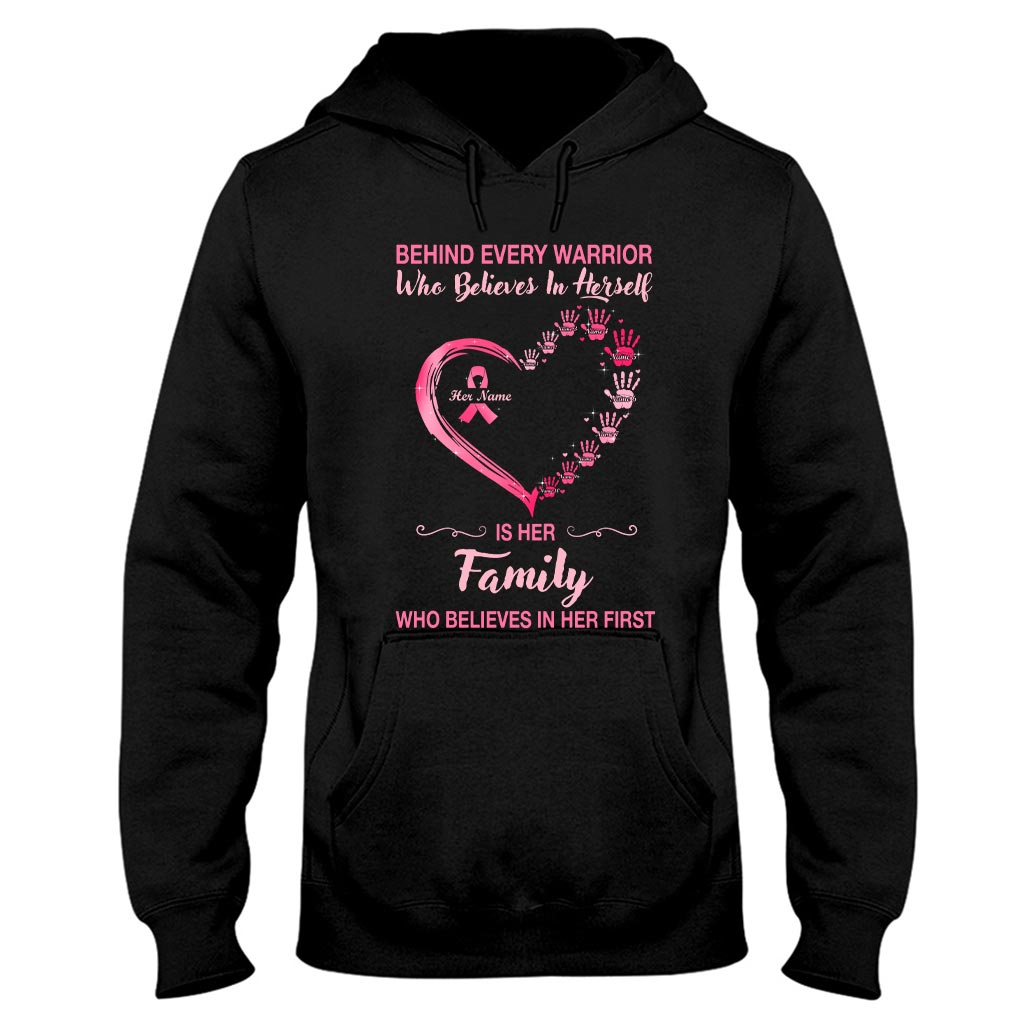 Behind Every Warrior Pink Heart Hand Prints - Breast Cancer Awareness Personalized T-shirt And Hoodie