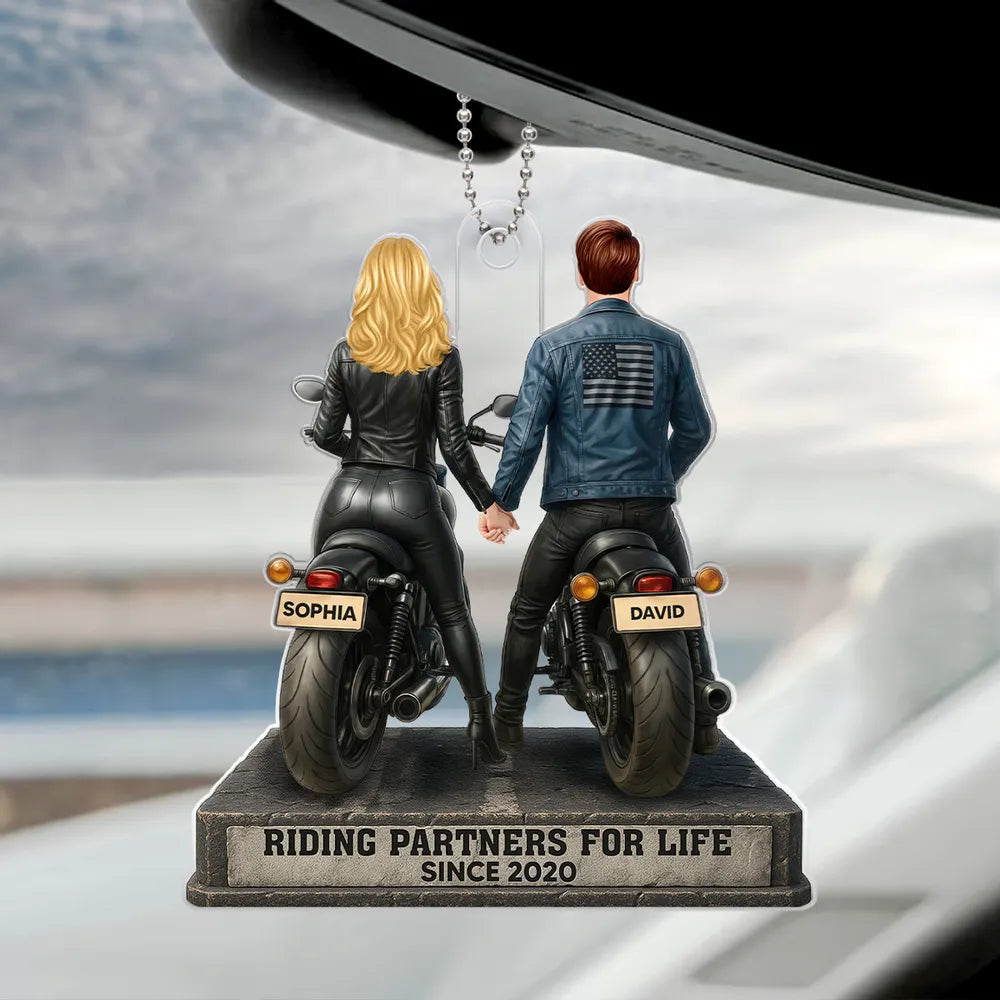 Riding Partners for Life Acrylic Car Hanger, Personalized Couple on Motorcycles Rearview Mirror Decor, Sentimental Gift for Couples