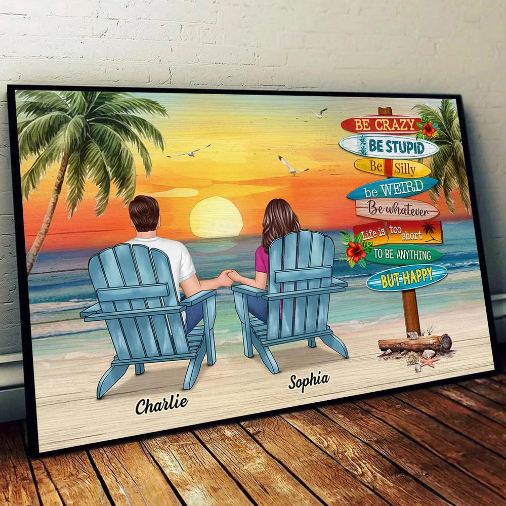 Personalized Beach Sunset Couple Poster, Holding Hands in Adirondack Chairs, Life is Too Short But Happy, Unique Gift