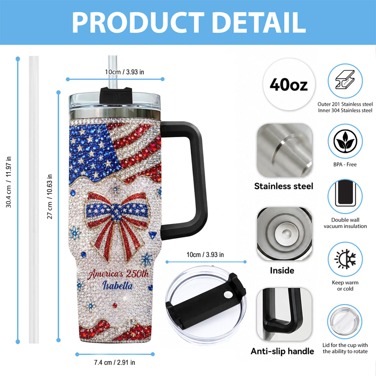 America's 250th Bow - Personalized Independence Day/ 4th of July Rhinestone Tumbler With Plush Charm