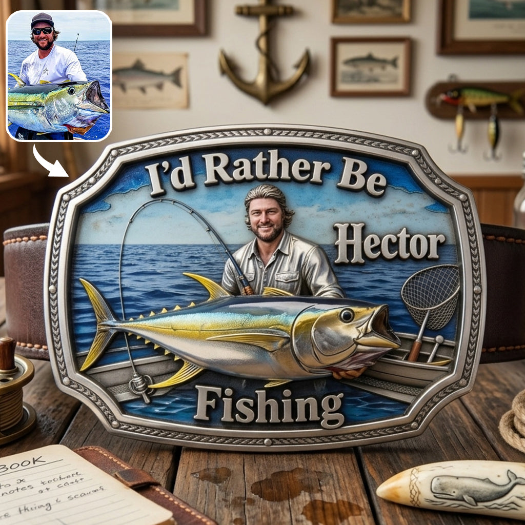 I'd Rather Be Fishing - Personalized Fishing Leather Belt With Shaped Buckle