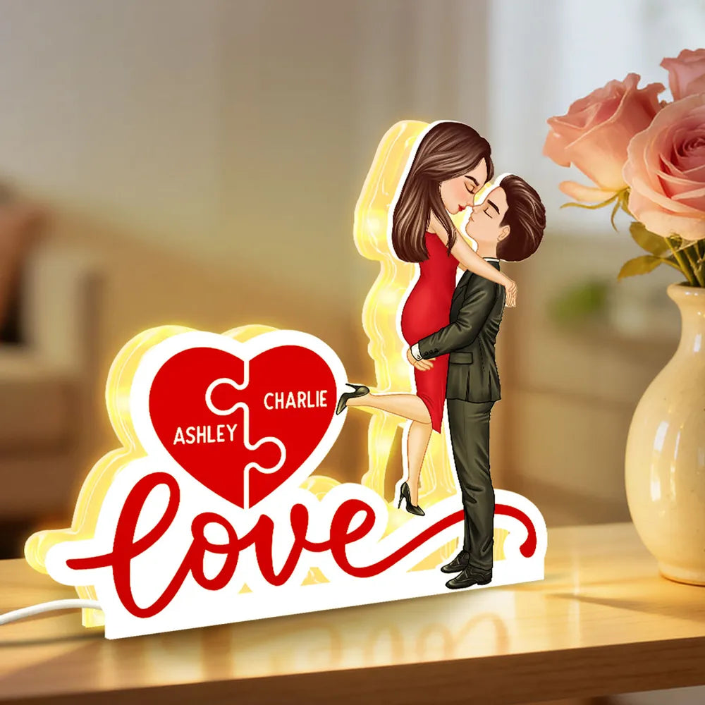 Acrylic Light Box Warm Glow Couple Embrace Love Heart Puzzle Design - Personalized Keepsake Gift for Couples
