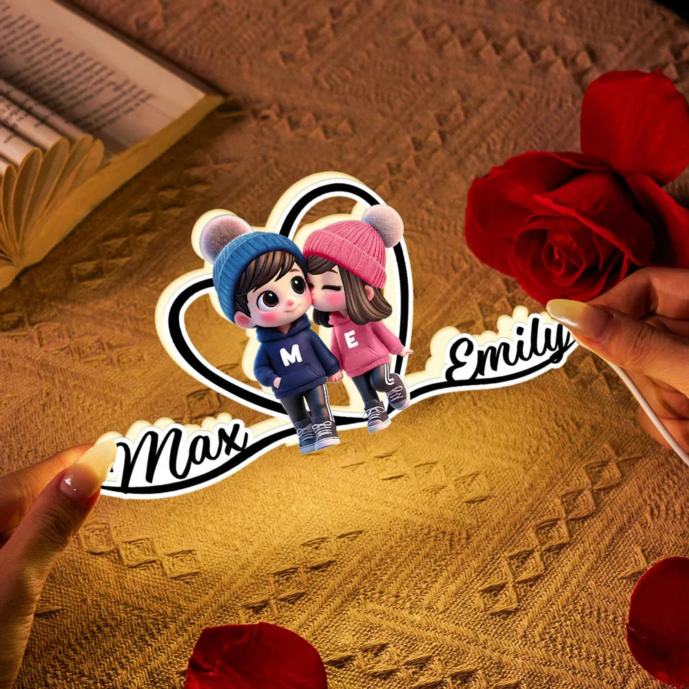 Personalized Cartoon Couple Kissing Heart Acrylic Light Box, Cozy Warm Glow Bedroom Decor, Unique Gift for Him or Her