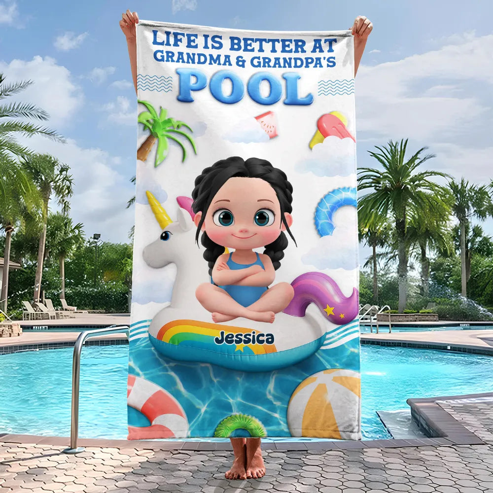 Custom Beach Towel for Grandchildren – 'Life Is Better at Grandma & Grandpa’s Pool', Fun Summer Gift