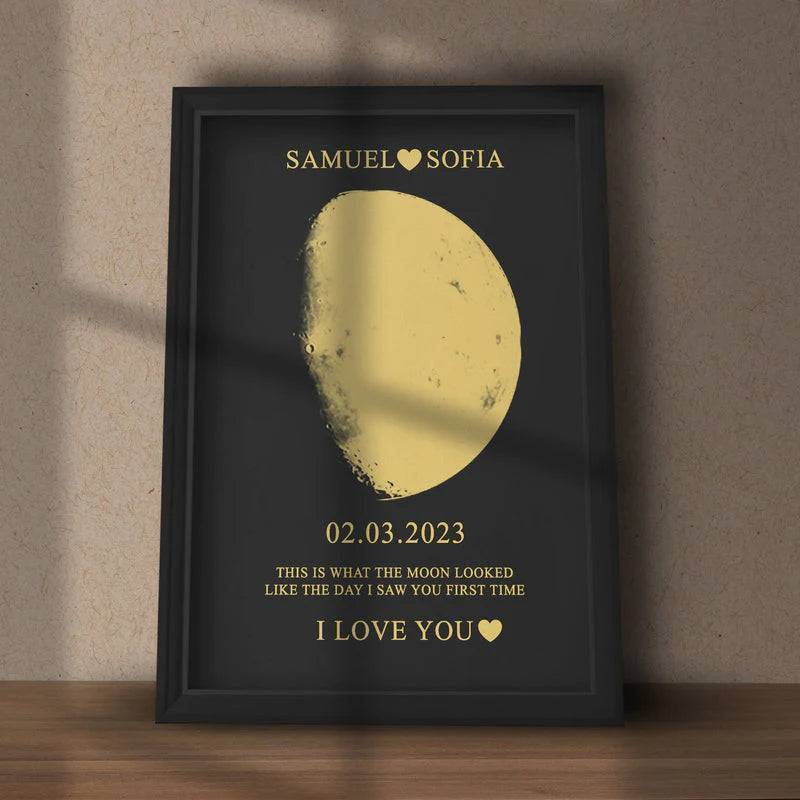 Moonlit Love - Personalized Couple Art with Real Moon Phase - Unique Anniversary & Valentine's Memory Gift