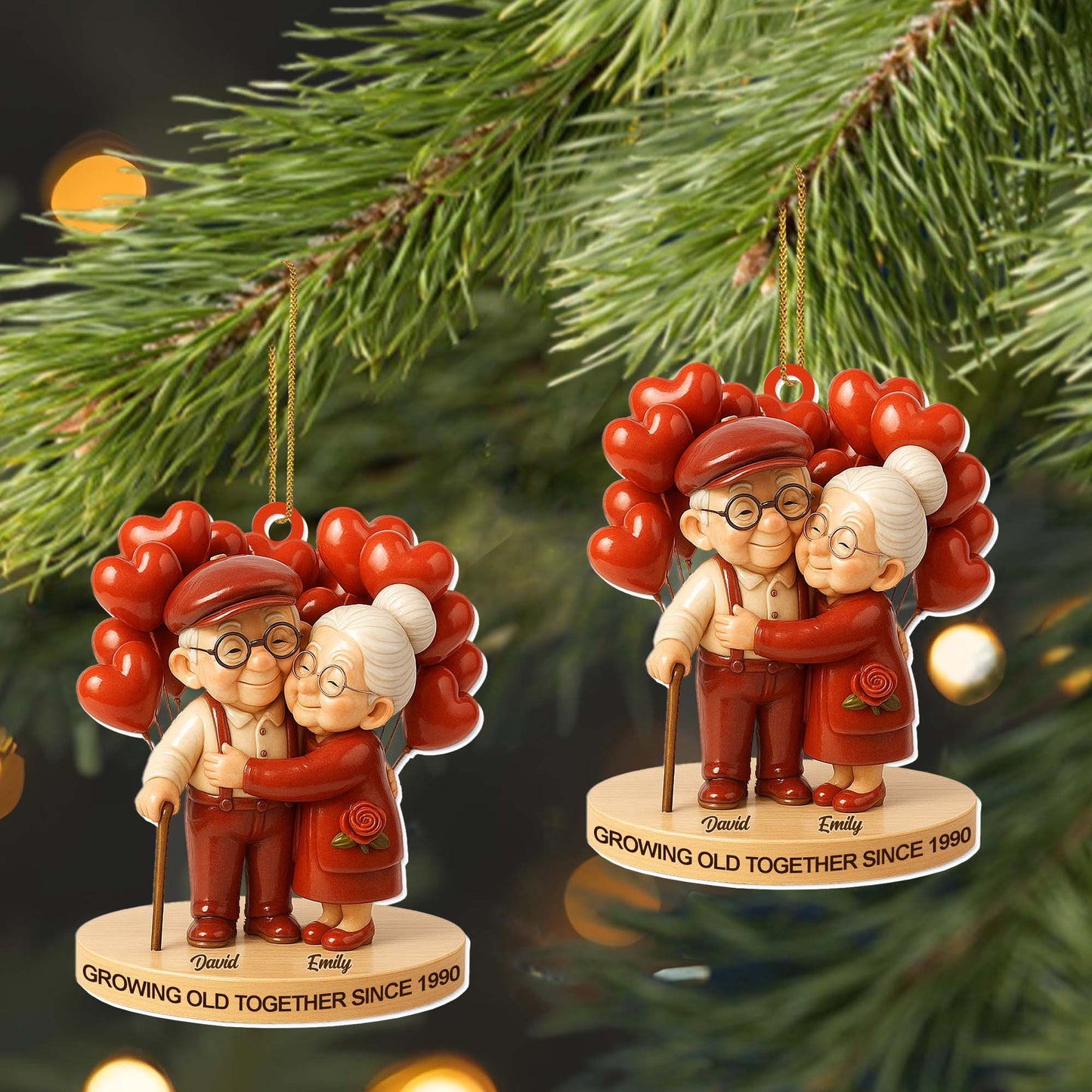 Personalized Acrylic Ornament Cute Elderly Couple Hugging With Heart Balloons Holiday Decor Unique Gift For Couples