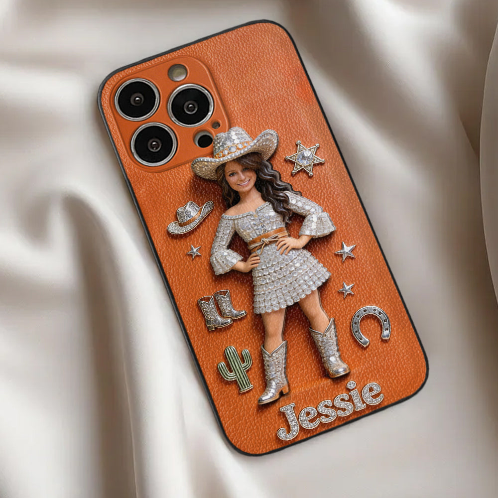 Cowgirl Spirit - Personalized Cowgirl 3D Embossed Leather Phone Case