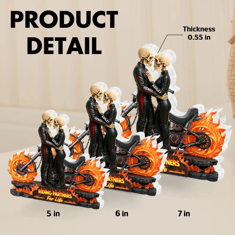 Personalized Shaped Acrylic Block Plaque Skeleton Biker Couple Hugging on Flame Motorcycle, Funny Romantic Gift for Couple