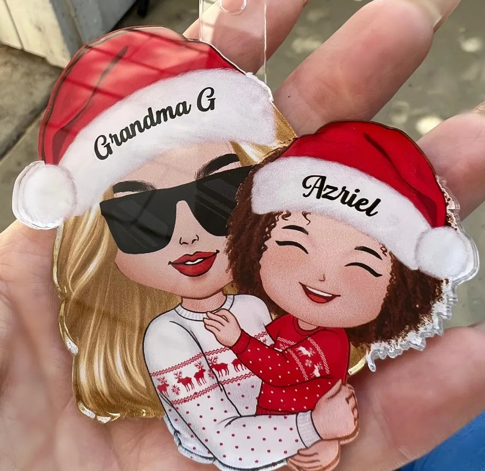 Gift for Grandkid & Grandma - Grandma Mom Hugging Kid - Personalized Custom Ornament, Keychain,Plaque and Pillow