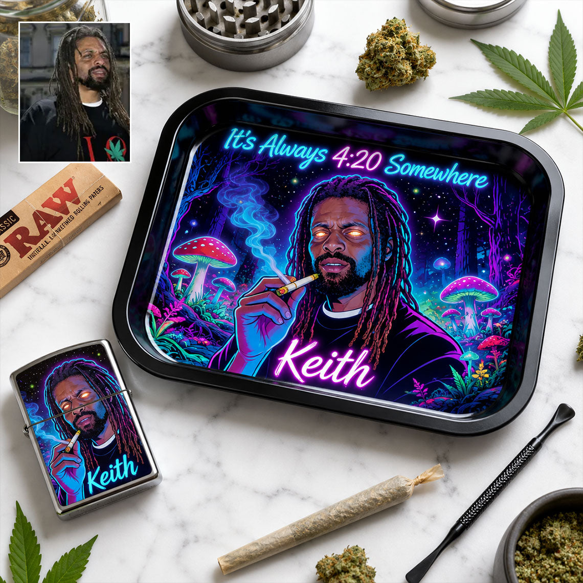 Custom Rolling Tray & Lighter Set From Any Photo - Personalized Weed Catch-All Tray With Lighter