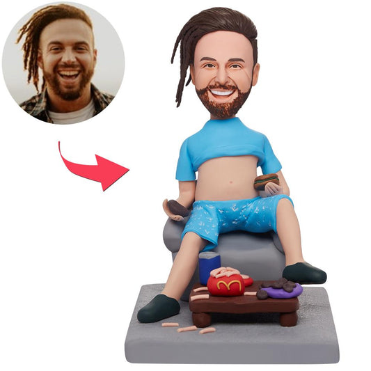 Man Sitting In A Chair Eating Fast Food - Personalized Man Eating Fast Food Bobblehead