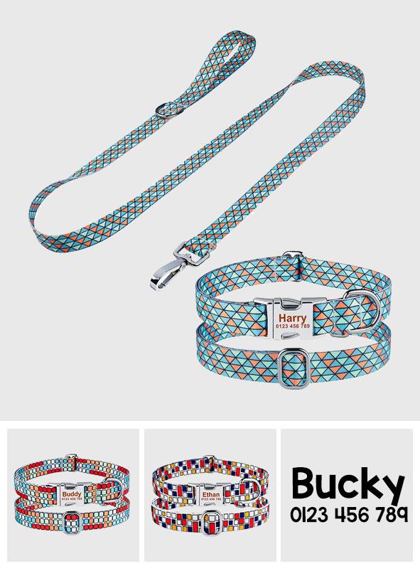 Personalized Text Engraved Dog Collar With Leash Set