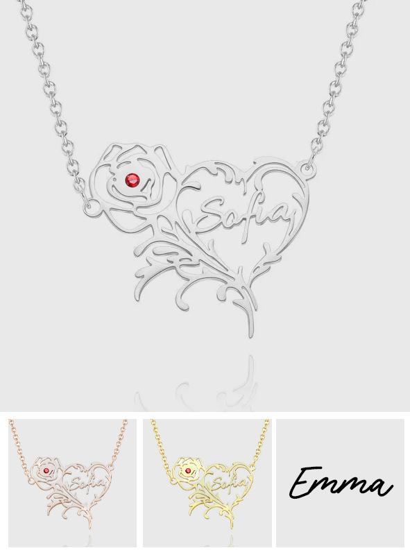 Name Rose - Personalized Rose Heart Birthstone Necklace