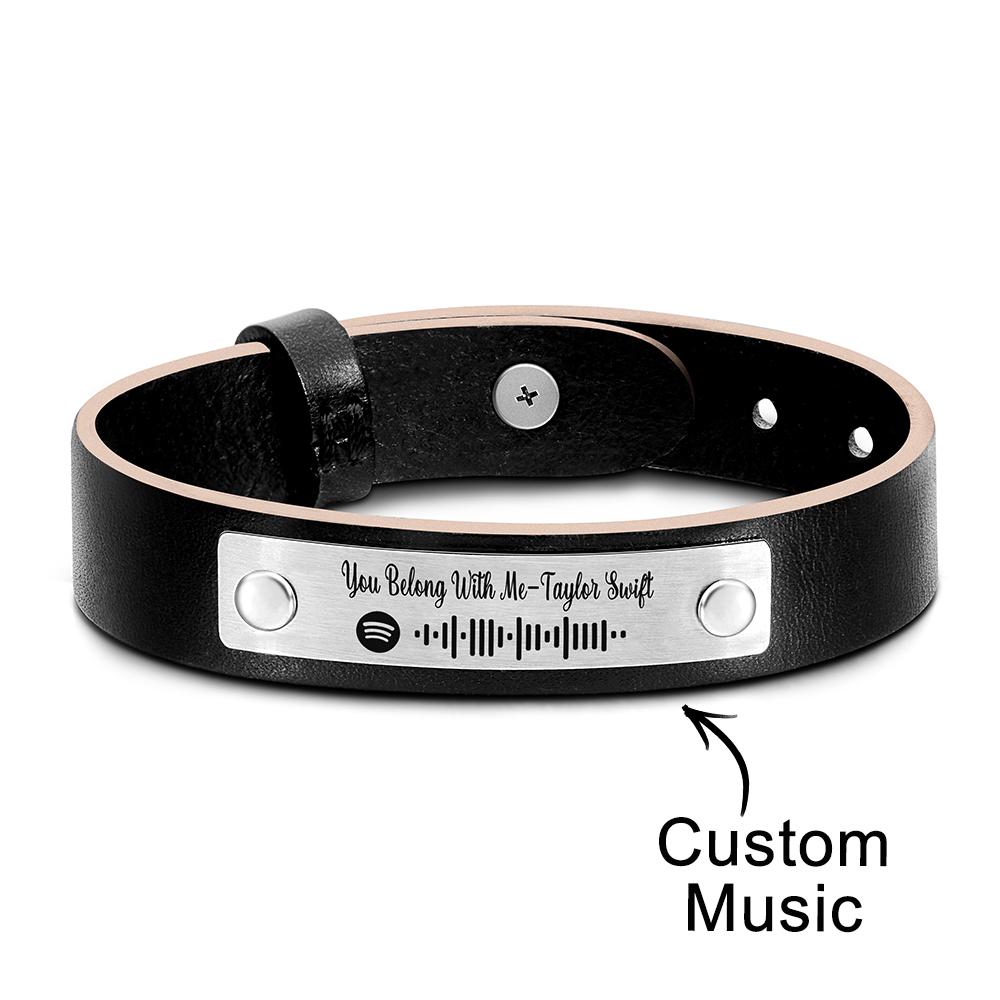 Scannable Spotify Code For Couple - Personalized Soundwaves Leather Bracelet