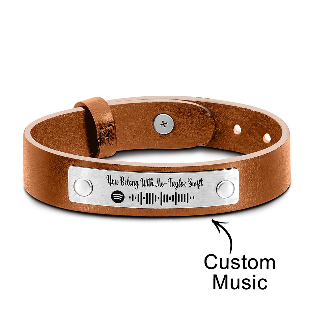 Scannable Spotify Code For Couple - Personalized Soundwaves Leather Bracelet