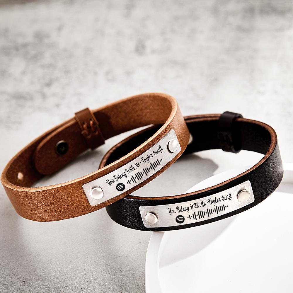 Scannable Spotify Code For Couple - Personalized Soundwaves Leather Bracelet