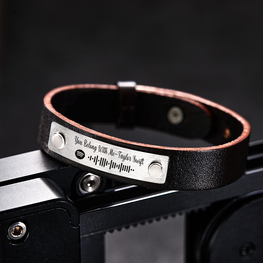 Scannable Spotify Code For Couple - Personalized Soundwaves Leather Bracelet