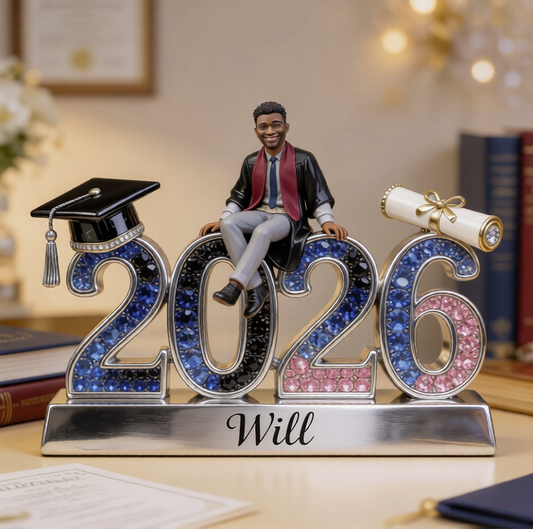 Personalized Class of 2026 Graduation Figurine Statue - Custom Black Male Graduate Nameplate Keepsake - Luxury Rhinestone Desk Ornament Gift