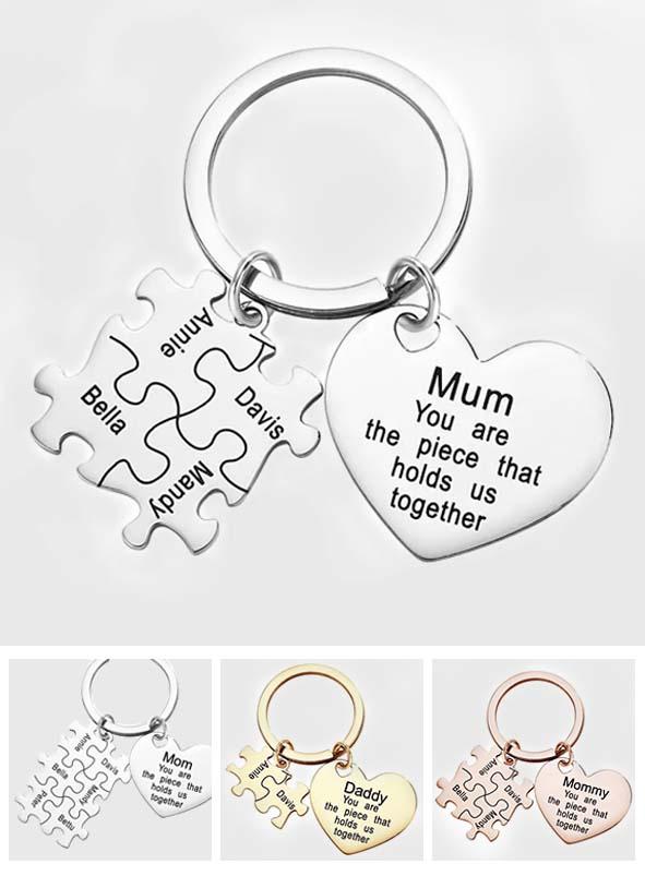 You're The Piece That Holds Us Together Puzzle Heart - Personalized Mother Puzzle Heart Keychain