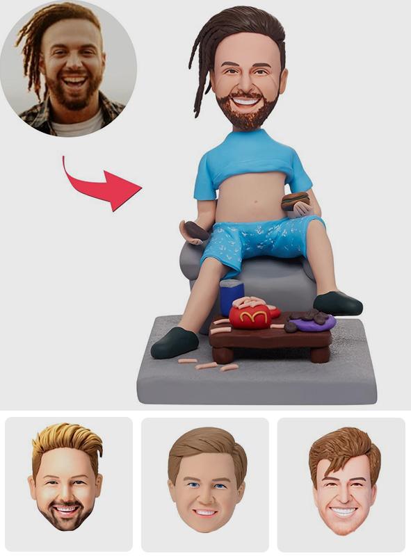 Man Sitting In A Chair Eating Fast Food - Personalized Man Eating Fast Food Bobblehead