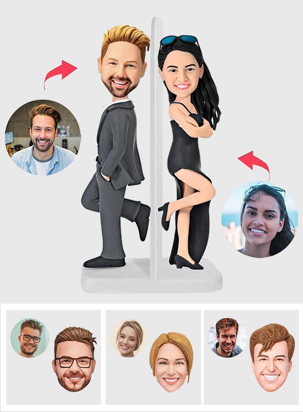 Smith Couple Standing With Suit And Dess - Personalized Couple Standing Bobblehead