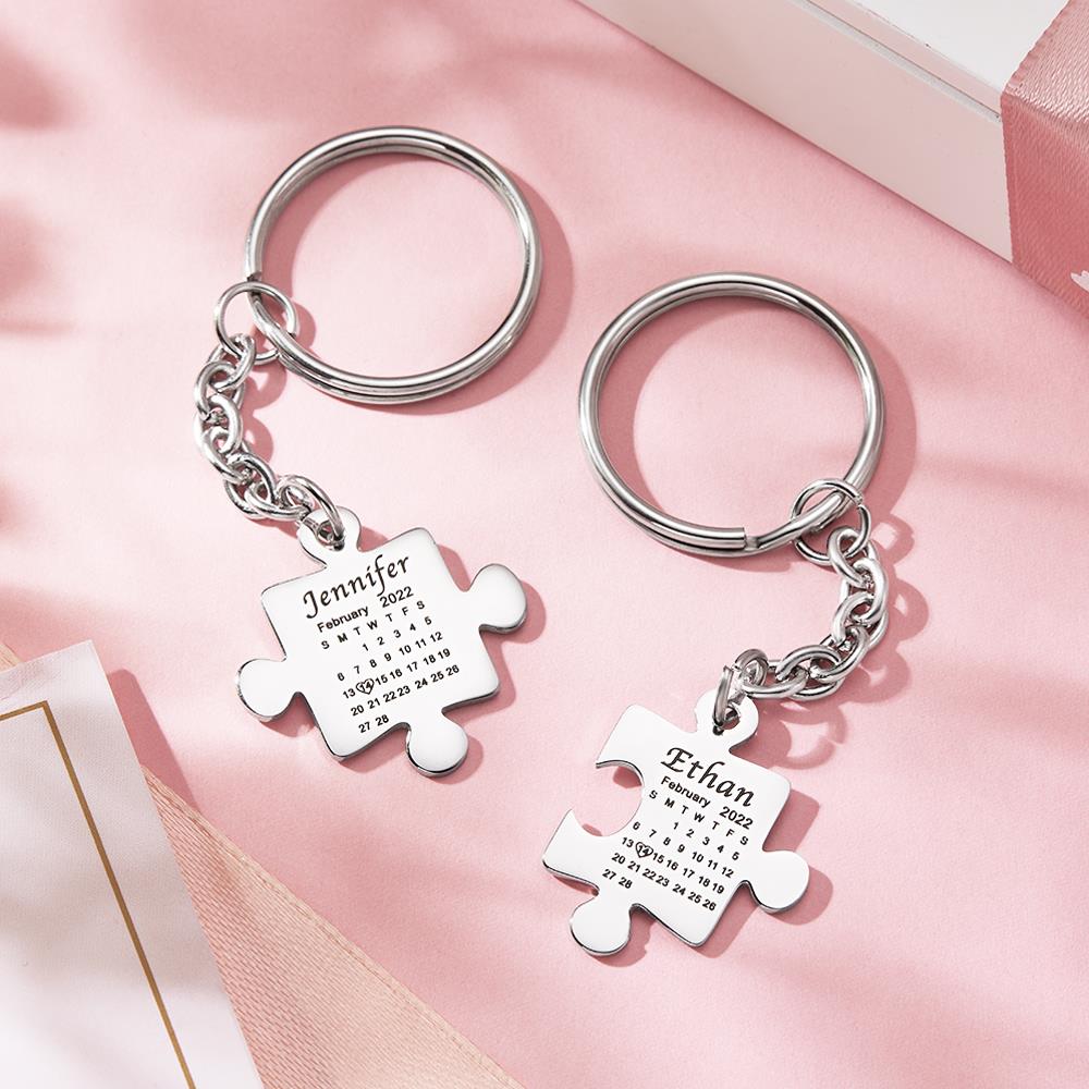 Matching Puzzle Calendar For Couple, Besties, Mom, Dad, Children - Personalized Couple Puzzle Calendar Keychain