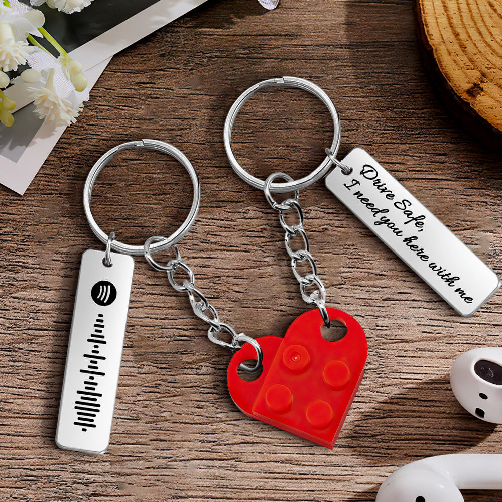 Music Code Heart Brick Matching Music Code Heart Bricks Keychain - Personalized Couple Keychain