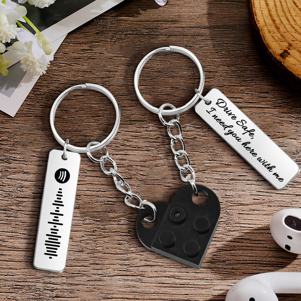 Music Code Heart Brick Matching Music Code Heart Bricks Keychain - Personalized Couple Keychain