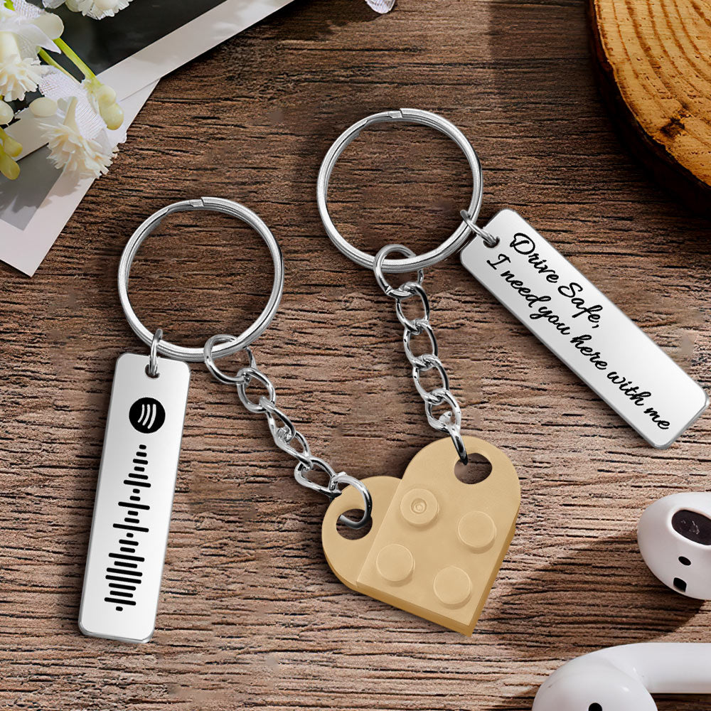 Music Code Heart Brick Matching Music Code Heart Bricks Keychain - Personalized Couple Keychain