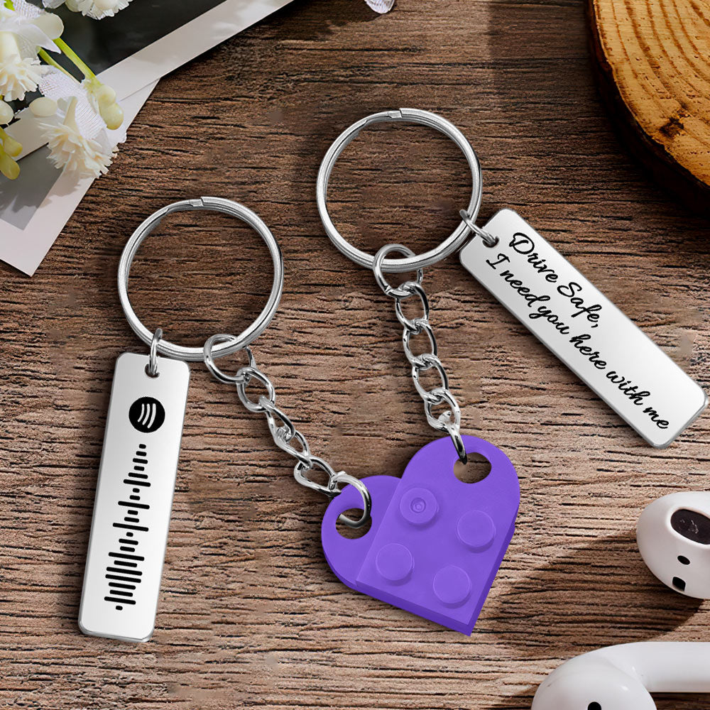 Music Code Heart Brick Matching Music Code Heart Bricks Keychain - Personalized Couple Keychain
