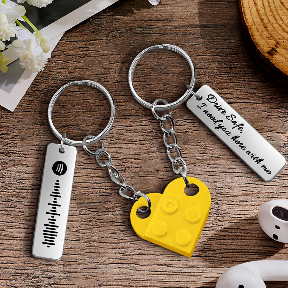 Music Code Heart Brick Matching Music Code Heart Bricks Keychain - Personalized Couple Keychain