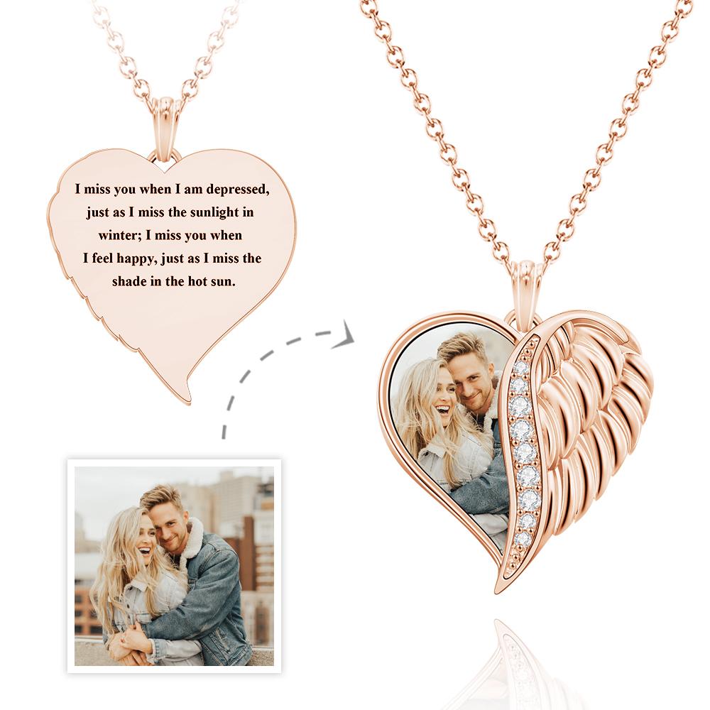 Personalized Photo Engraved Wings Heart Charm